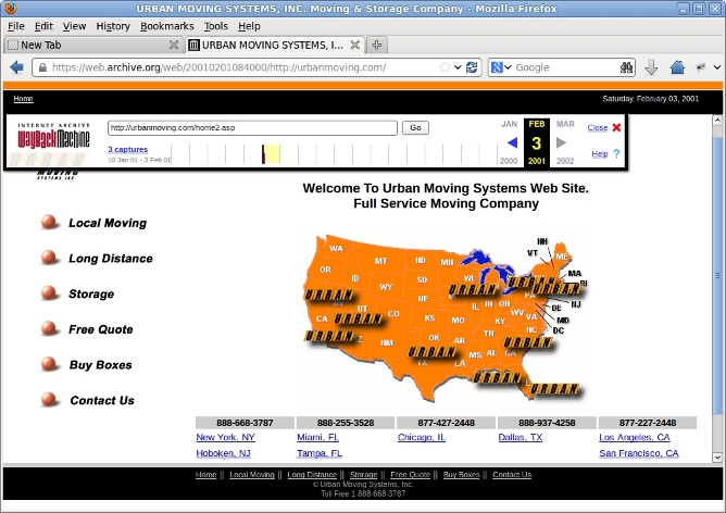 Homepage of Urban Moving Systems on Februari 3, 2001, as captured The Internet Archive, a 501(c)(3) non-profit.