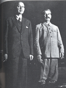 Harry Hopkins, President Roosevelt's closest adviser, poses with Joseph Stalin. 2nd photo section at page 352 inside 'KGB: The Inside Story'