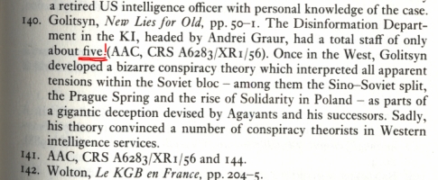 KGB Inside Story, Note 140 to page 384 : five (5) disinformation officers