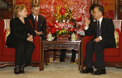 US Secretary of State Hillary Clinton meets Chinese Prime Minister Wen Jiabao on February 21, 2009 in Beijing, China